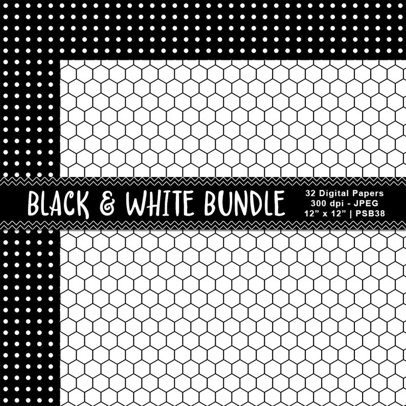 May include: Black and white digital paper bundle with 32 papers, each measuring 12 inches by 12 inches. The papers feature a polka dot pattern and a honeycomb pattern.