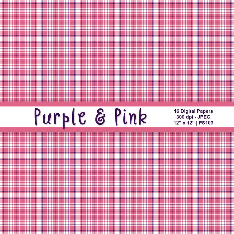 Purple and Pink Digital Paper, Scrapbook Paper, Purple Backgrounds, Pink Backgrounds, Polka Dots, Plaid Patterns, Commercial Use, Item PS103 image 4