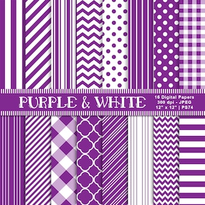 May include: A set of 16 digital papers in purple and white featuring various patterns, including stripes, polka dots, gingham, and chevron. The papers are 12 inches by 12 inches and 300 dpi.