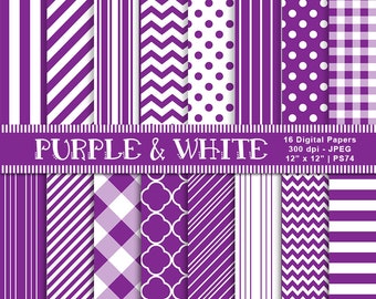 Purple & White Digital Papers, Purple Patterns, Printable Background Paper, Scrapbook Paper, Purple Stripes, Commercial Use, Item PS74