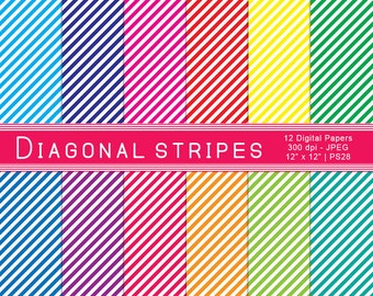 Striped Digital Paper, Diagonal Stripes, Striped Paper, Stripes Pattern, Scrapbook Paper, Instant Download, Commercial Use, Item PS28