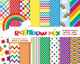 Rainbow Mix Digital Papers, Rainbow Clipart, Digital Rainbow Backgrounds, Rainbow Scrapbook Paper, Commercial Use, Item PS69