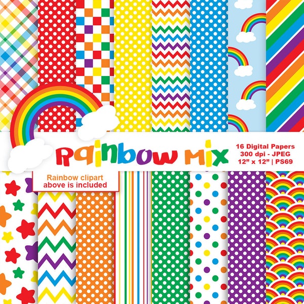 Rainbow Mix Digital Papers, Rainbow Clipart, Digital Rainbow Backgrounds, Rainbow Scrapbook Paper, Commercial Use, Item PS69