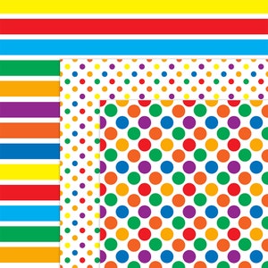 Pu&ograve; includere: Una collezione di carte decorate colorate. I disegni includono strisce gialle, rosse e blu, e pois di varie dimensioni e colori. Le carte sono disposte in una composizione visivamente accattivante, adatta per lavori manuali o progetti decorativi.