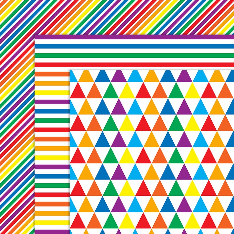 Pu&ograve; includere: Una collezione di carte decorate colorate. I disegni includono strisce diagonali nei colori dell'arcobaleno, strisce orizzontali e un motivo ripetuto di triangoli in vari colori. Le carte sono disposte in una composizione a strati.