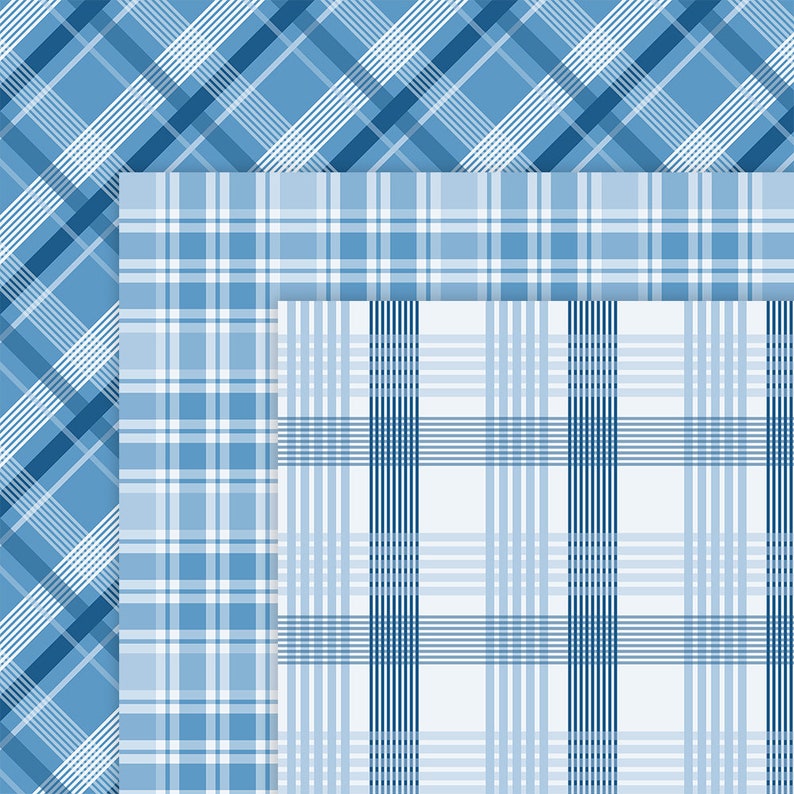 May include: Three different blue and white plaid patterns. The top pattern is a diagonal plaid, the middle pattern is a horizontal plaid, and the bottom pattern is a vertical plaid.