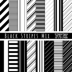 Black Stripes Mix, Digital Striped Papers, Striped Backgrounds, Black Stripes, Black and White, Scrapbook Paper, Commercial Use, Item PS56