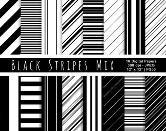 Black Stripes Mix, Digital Striped Papers, Striped Backgrounds, Black Stripes, Black and White, Scrapbook Paper, Commercial Use, Item PS56