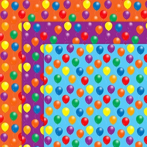 Pu&ograve; includere: Una collezione di motivi di palloncini colorati su sfondi arancioni, viola e blu. Ogni motivo presenta un design ripetuto di palloncini in vari colori, tra cui rosso, giallo, verde e viola, con fili bianchi.