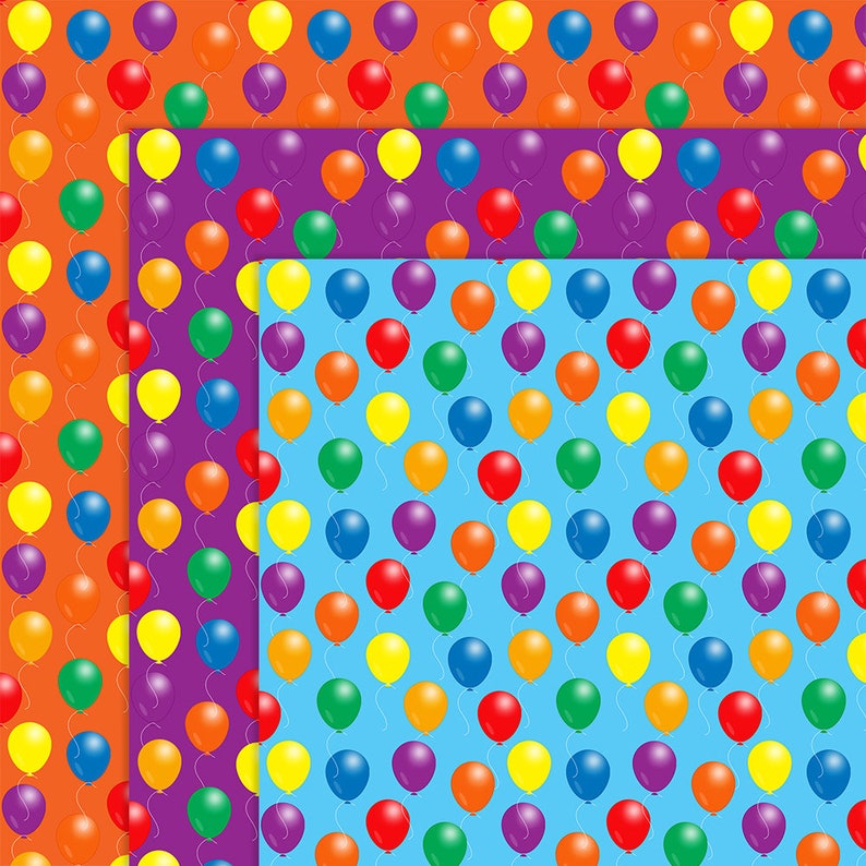 Pu&ograve; includere: Una collezione di motivi di palloncini colorati su sfondi arancioni, viola e blu. Ogni motivo presenta un design ripetuto di palloncini in vari colori, tra cui rosso, giallo, verde e viola, con fili bianchi.