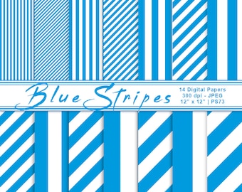 Blue & White Digital Striped Paper, Blue Stripes, Striped Backgrounds, Blue and White Stripes, Scrapbook Paper, Commercial Use, Item PS73