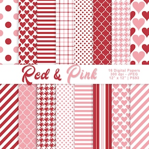 Rood en roze digitaal papier, Valentijn achtergrondpapier, hartpapier, plakboekpatronen, afdrukbaar papier, commercieel gebruik, item PS93