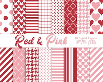 Red and Pink Digital Paper, Valentine Background Papers, Heart Papers, Scrapbook Patterns, Printable Papers, Commercial Use, Item PS93