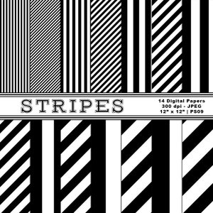 Papeles digitales a rayas en blanco y negro, papel rayado, fondos digitales, papel de álbum de recortes, uso comercial, descarga instantánea, artículo PS09