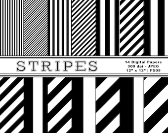 Black & White Striped Digital Papers, Striped Paper, Digital Backgrounds, Scrapbook Paper, Commercial Use, Instant Download, Item PS09