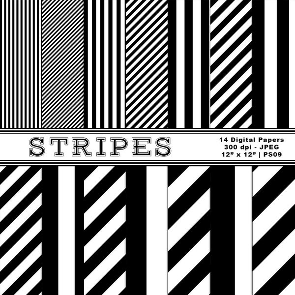 Black & White Striped Digital Papers, Striped Paper, Digital Backgrounds, Scrapbook Paper, Commercial Use, Instant Download, Item PS09