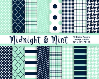 Midnight & Mint Digital Papers, Deep Blue Patterns, Mint Green Patterns, Scrapbook Paper, Printable Background, Commercial Use, Item PS102