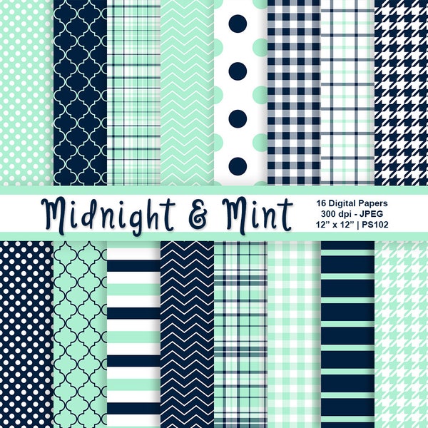 Midnight & Mint Digital Papers, Deep Blue Patterns, Mint Green Patterns, Scrapbook Paper, Printable Background, Commercial Use, Item PS102