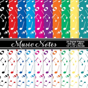 Music Notes Digital Paper, Musical Note Scrapbook Paper, Printable Musical Patterns, Rainbow Musical Paper, Commercial Use, Item PS108