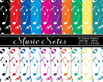Music Notes Digital Paper, Musical Note Scrapbook Paper, Printable Musical Patterns, Rainbow Musical Paper, Commercial Use, Item PS108