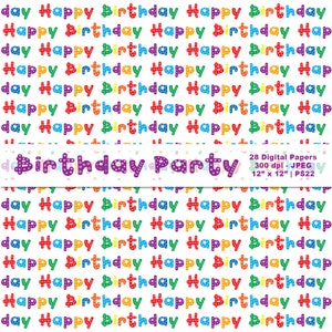 Pu&ograve; includere: Un design di carta digitale con un motivo ripetuto delle parole "Happy Birthday" in vari colori. Il design include anche il testo "Birthday Party" e dettagli sulle carte digitali, tra cui le dimensioni di 30,48 cm x 30,48 cm.