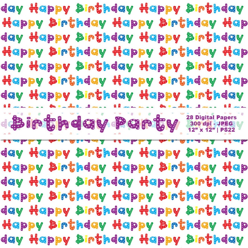 Pu&ograve; includere: Un design di carta digitale con un motivo ripetuto delle parole "Happy Birthday" in vari colori. Il design include anche il testo "Birthday Party" e dettagli sulle carte digitali, tra cui le dimensioni di 30,48 cm x 30,48 cm.