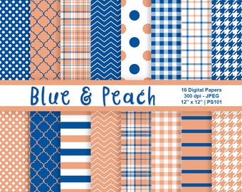 Blue & Peach Digital Scrapbook Papers, Blue Backgrounds, Peach Backgrounds, Printable Papers, Patterned Papers, Commercial Use, Item PS101