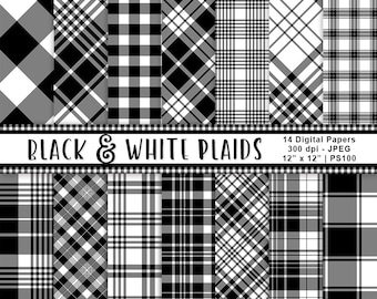 Black & White Plaid Digital Papers, Black Plaid Backgrounds, Black Scrapbook Paper, Plaid Printables, Commercial Use, Item PS100