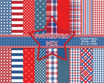 Patriotic Mix Papers, 4th of July Papers, Stars Clipart, Independence Day, Scrapbook Papers, Commercial Use, Instant Download, Item PS29