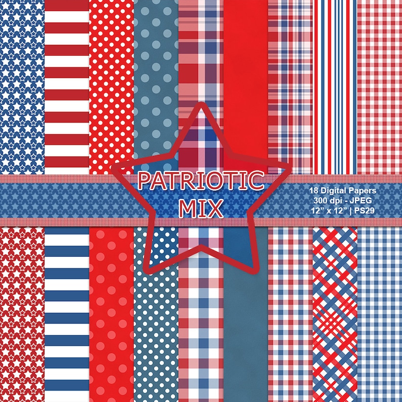 Patriotic Mix Papers, 4th of July Papers, Stars Clipart, Independence Day, Scrapbook Papers, Utilisation commerciale, Téléchargement instantané, Item PS29 image 1