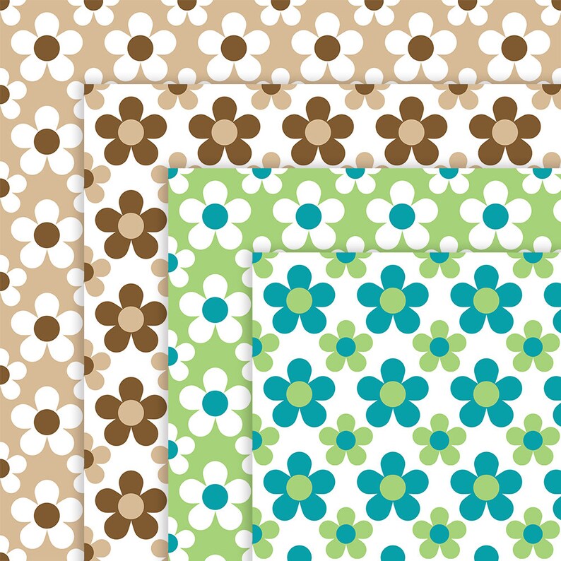 May include: Four seamless patterns featuring different colored and sized daisy flowers on a white background. The patterns are arranged in a stack, with the top pattern featuring teal and green daisies, the second pattern featuring white daisies on a light green background, the third pattern featuring brown daisies on a white background, and the bottom pattern featuring white daisies on a light brown background.
