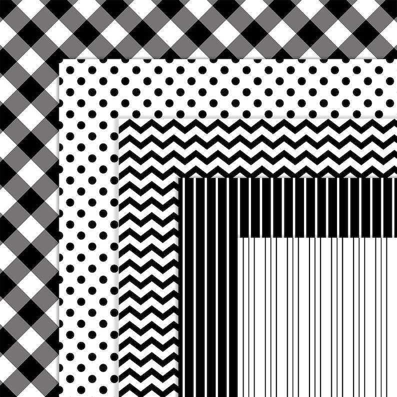 May include: Four black and white patterned paper sheets. The patterns are gingham, polka dot, chevron, and stripes.