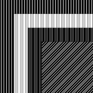 May include: Abstract geometric pattern with black and white vertical and diagonal lines. The pattern is made up of three overlapping rectangles.