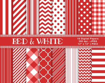 Red & White Digital Papers, Patterned Paper, Digital Scrapbook Papers, Red Patterned Background Paper, Printables, Commercial Use, Item PS53