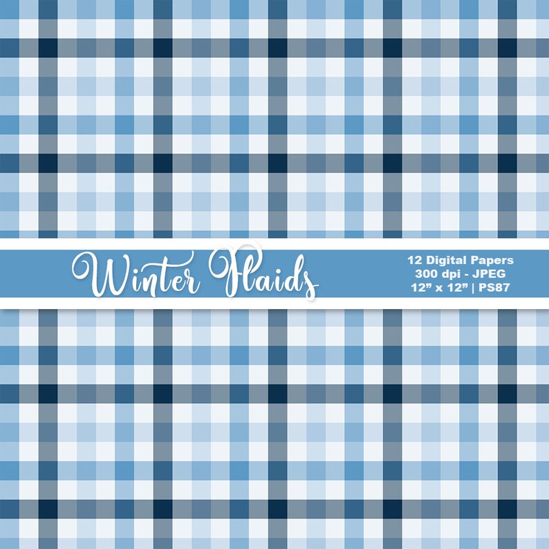 May include: A seamless pattern of blue and white plaid with a light blue banner that reads "Winter Flaids" and text that says "12 Digital Papers 300 dpi - JPEG 12" x 12" | PS87"