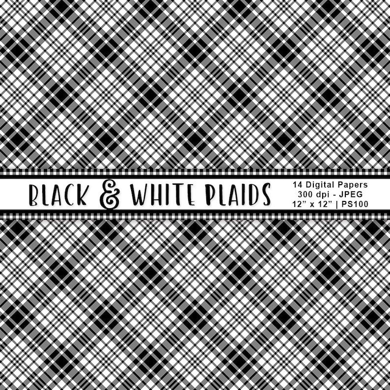 Black & White Plaid Digital Papers Black Plaid Backgrounds Etsy