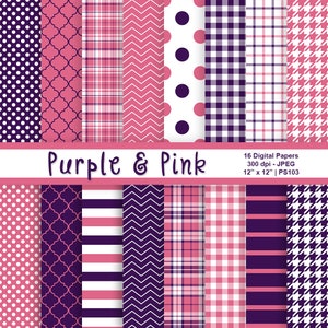 Purple and Pink Digital Paper, Scrapbook Paper, Purple Backgrounds, Pink Backgrounds, Polka Dots, Plaid Patterns, Commercial Use, Item PS103 image 1