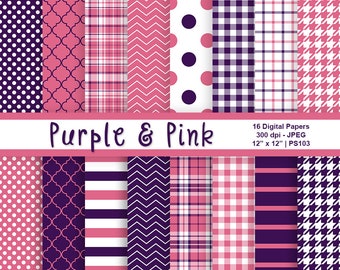 Purple and Pink Digital Paper, Scrapbook Paper, Purple Backgrounds, Pink Backgrounds, Polka Dots, Plaid Patterns, Commercial Use, Item PS103
