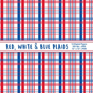 Red White & Blue Digital Plaid Paper, Patriotic Papers, July 4th Printables, Independence Day Digital Backgrounds, Commercial Use, Item PS99 image 7