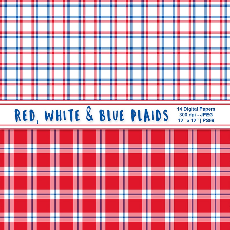 Red White & Blue Digital Plaid Paper, Patriotic Papers, July 4th Printables, Independence Day Digital Backgrounds, Commercial Use, Item PS99 image 10