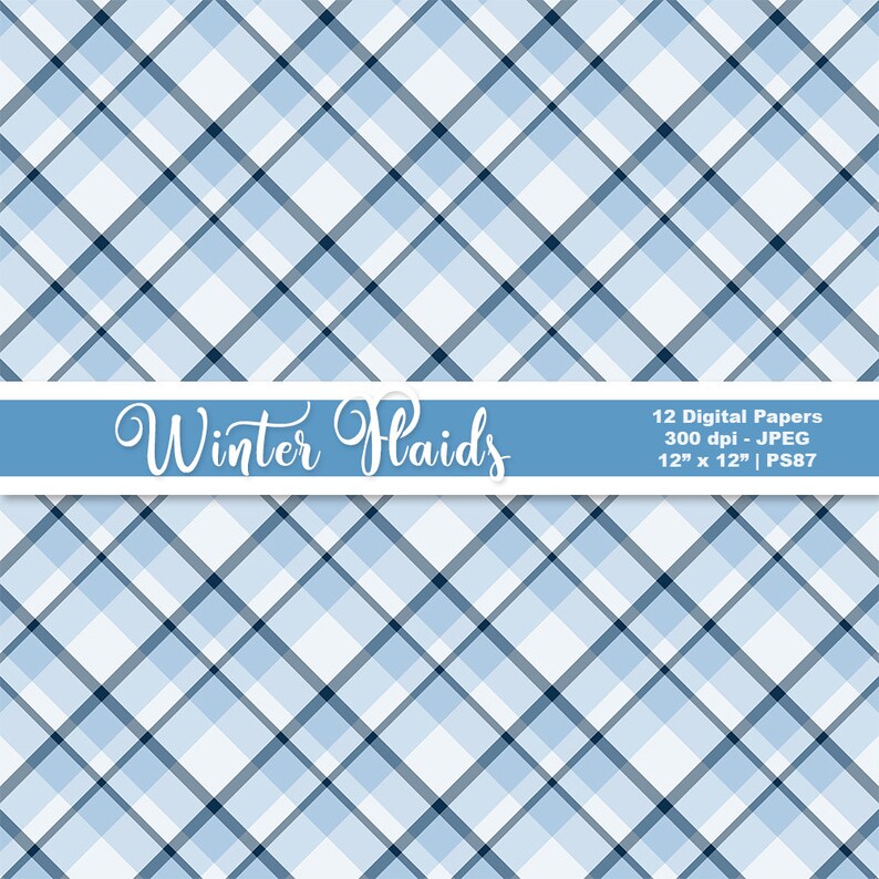 May include: A seamless pattern of blue and white plaid. The pattern is repeated throughout the image. The text "Winter Flaids" is written in white on a blue banner.