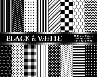 Black & White Patterned Paper, Digital Scrapbook Papers, Geometric Backgrounds, Instant Download, Commercial Use, Item PS05
