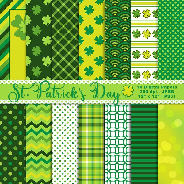 St. Patrick's Day Digital Papers, Shamrock Patterns, Irish Paper, Green and Yellow, Backgrounds, Scrapbook Paper, Commercial Use, Item PS51