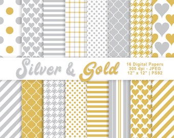 Silver and Gold Digital Paper, Scrapbook Patterns, Silver and Gold Anniversary Backgrounds, Printable Papers, Commercial Use, Item PS92