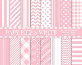 Pink Digital Baby Shower Papers, Baby Pink & White, Baby Girl Patterned Paper, Pink Printables, Scrapbook Paper, Commercial Use, Item PS83