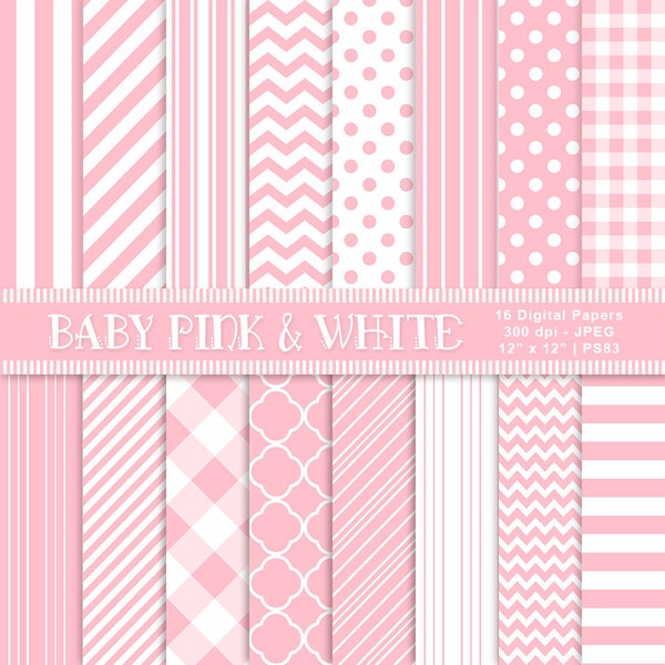 Pink Digital Baby Shower Papers, Baby Pink & White, Baby Girl Patterned Paper, Pink Printables, Scrapbook Paper, Commercial Use, Item PS83