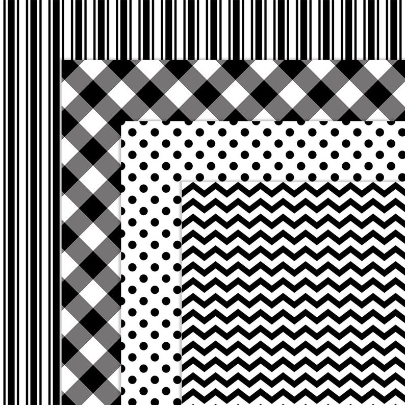 May include: A digital paper pack with four different black and white patterns: stripes, gingham, polka dots, and chevron.