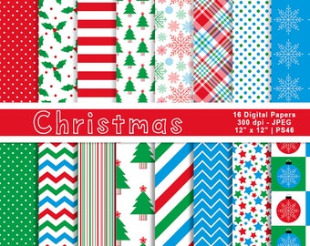 Christmas Digital Paper, Snowflake Paper, Christmas Tree Paper, Red, Green and Blue Paper, Digital Backgrounds, Commercial Use, Item PS46