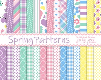 Spring Patterns, Digital Paper, Heart Papers, Butterfly Pattern, Digital Easter Backgrounds, Scrapbook Paper, Commercial Use, Item PS109