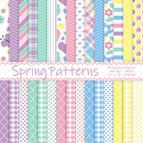 Spring Patterns, Digital Paper, Heart Papers, Butterfly Pattern, Digital Easter Backgrounds, Scrapbook Paper, Commercial Use, Item PS109
